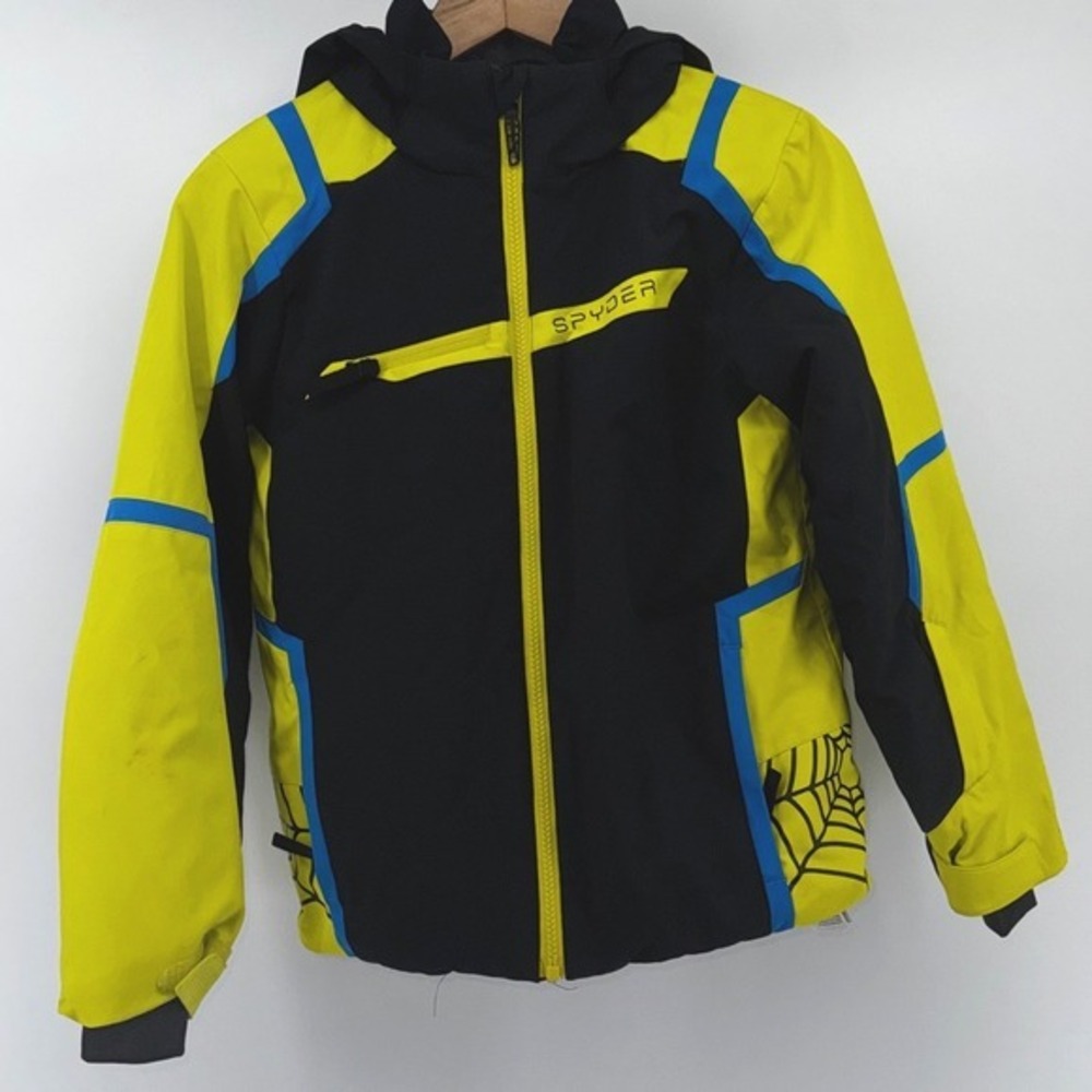 Spyder Boys Challenger Insulated Ski Jacket‎ 12 Black/Yellow/Blue Hooded Coat - Picture 2 of 11